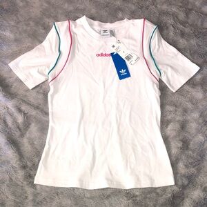 Adidas White Tee with Pink and Green Details